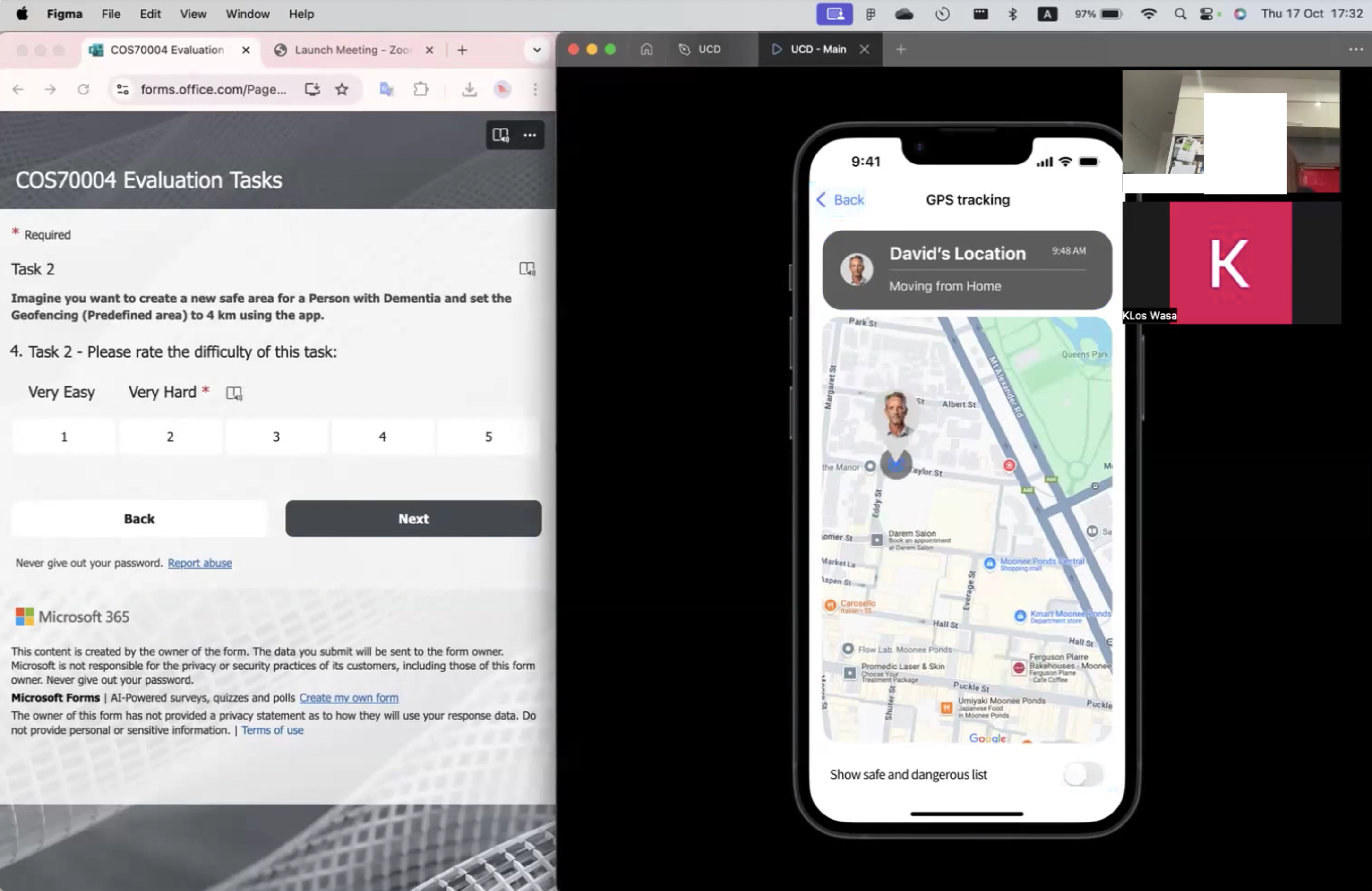 A remote evaluation session, split screen with prototype on one side and task instructions on the other
