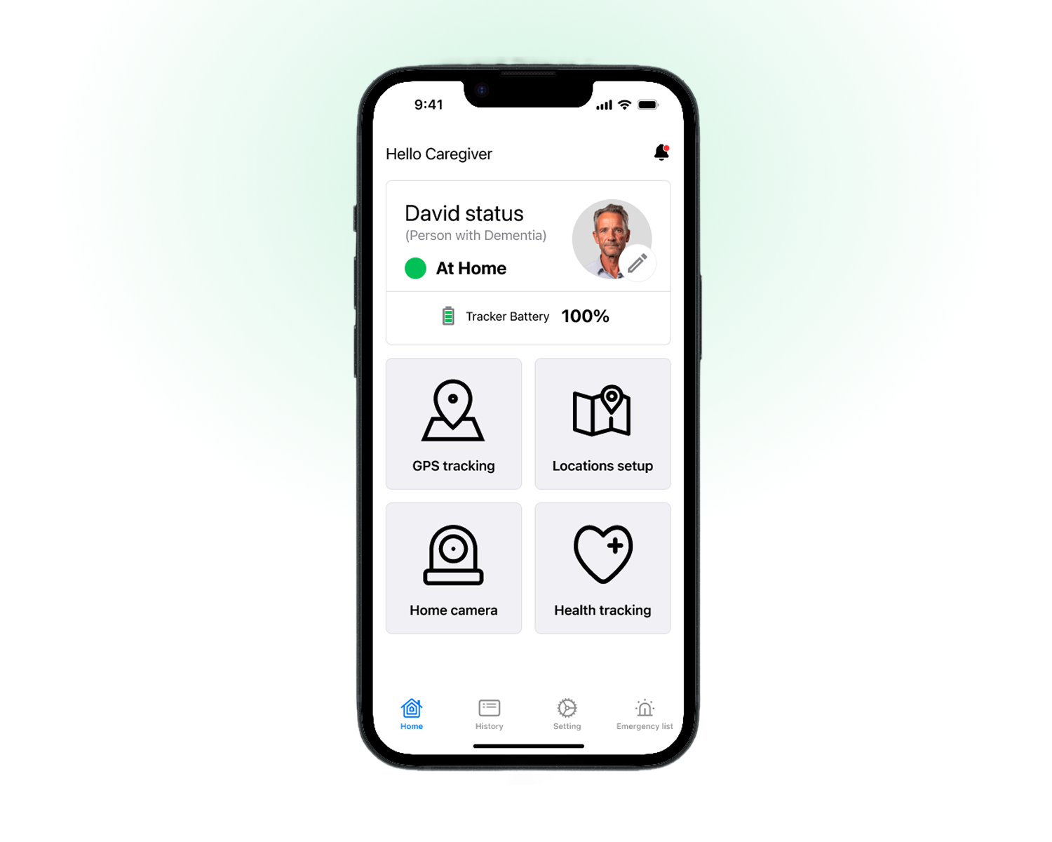 The prototype's home screen, David's status card at the top, four core feature tiles below