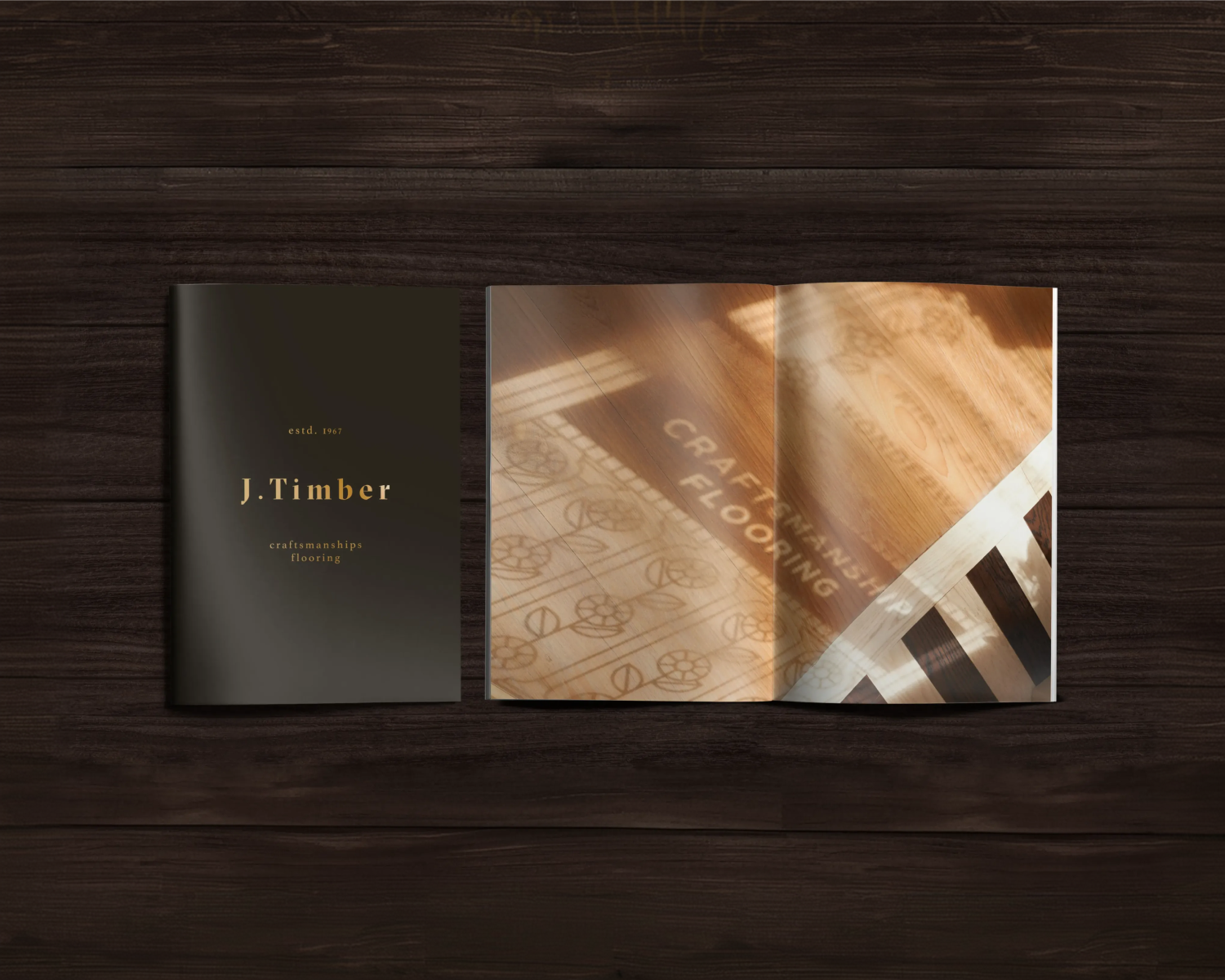 The Jtimber flooring catalogue open to a spread showing wood floor colour options